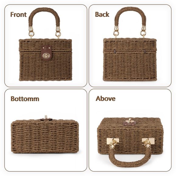 Handwoven Rattan Handbag Beach Straw Tote Bag Square Boho Crossbody ;) - Picture 4 of 7